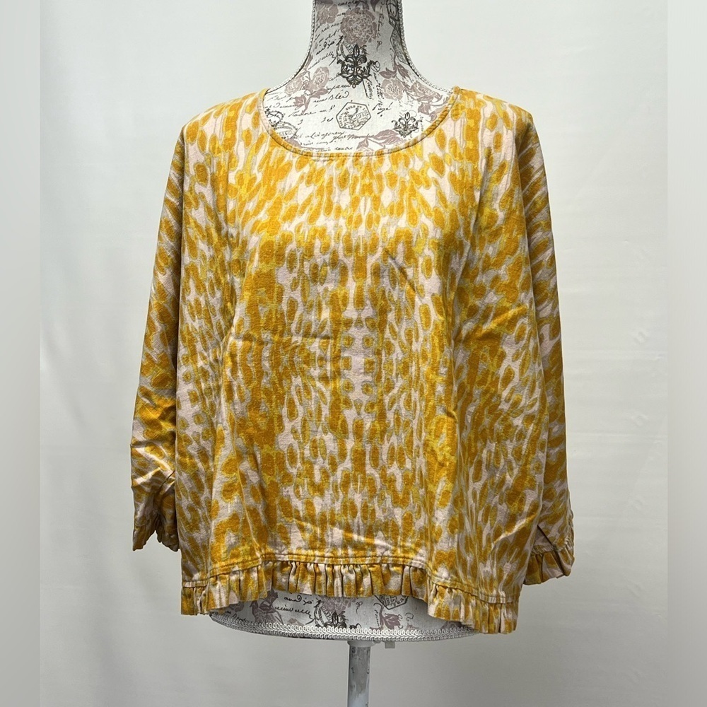 CYNTHIA ROWLEY Yellow Cheetah print Linen ruffle‎ top size M